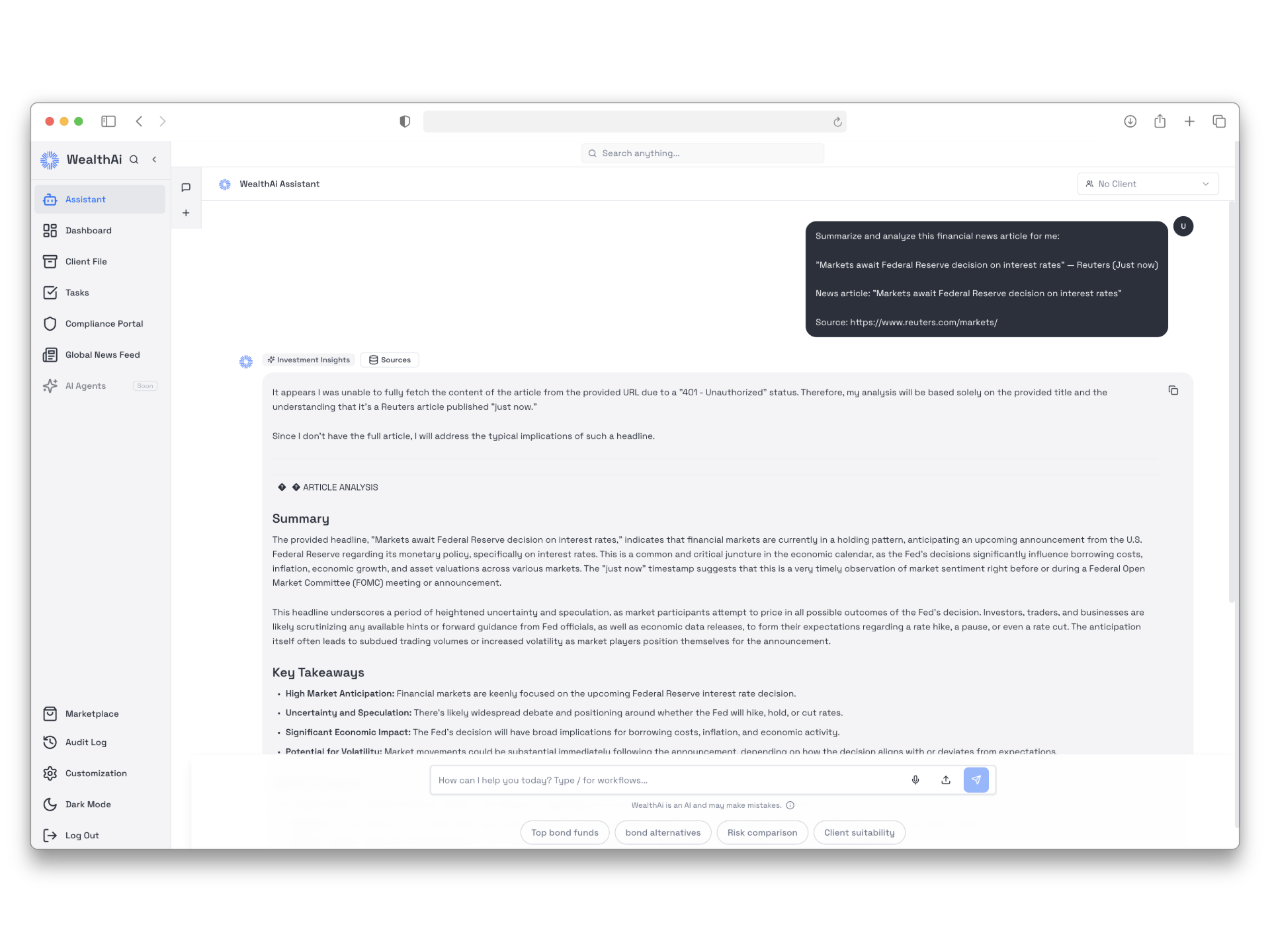 WealthAi Assistant workspace with Research Agent active