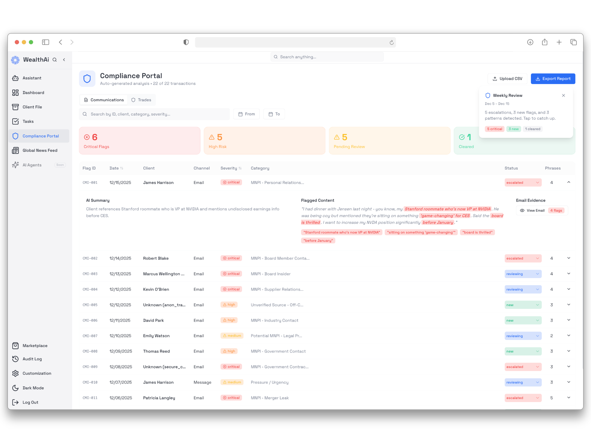 Compliance Agent MAR surveillance interface