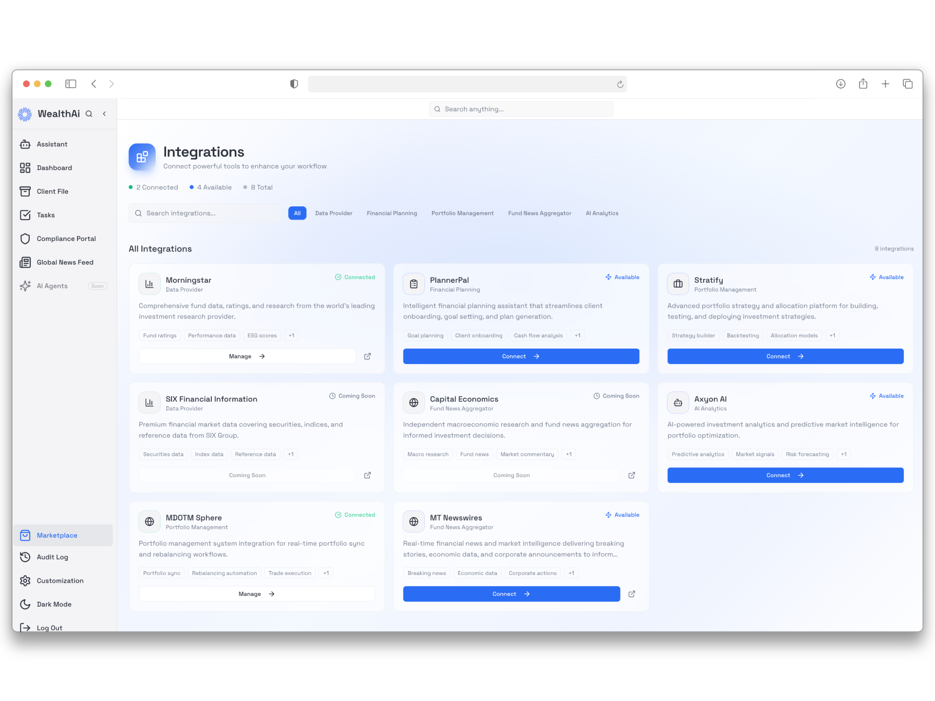 WealthAi Marketplace of pre-integrated partner apps